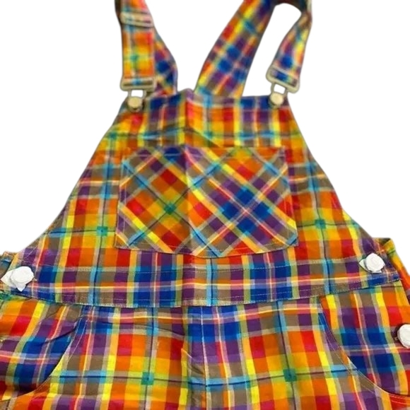 We Wore What Women's XL  Rainbow Overalls Short Romper Colorful Plaid Bold New - Picture 6 of 10
